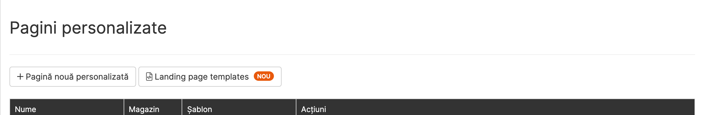 Butonul Landing page templates din pagina Pagini personalizate