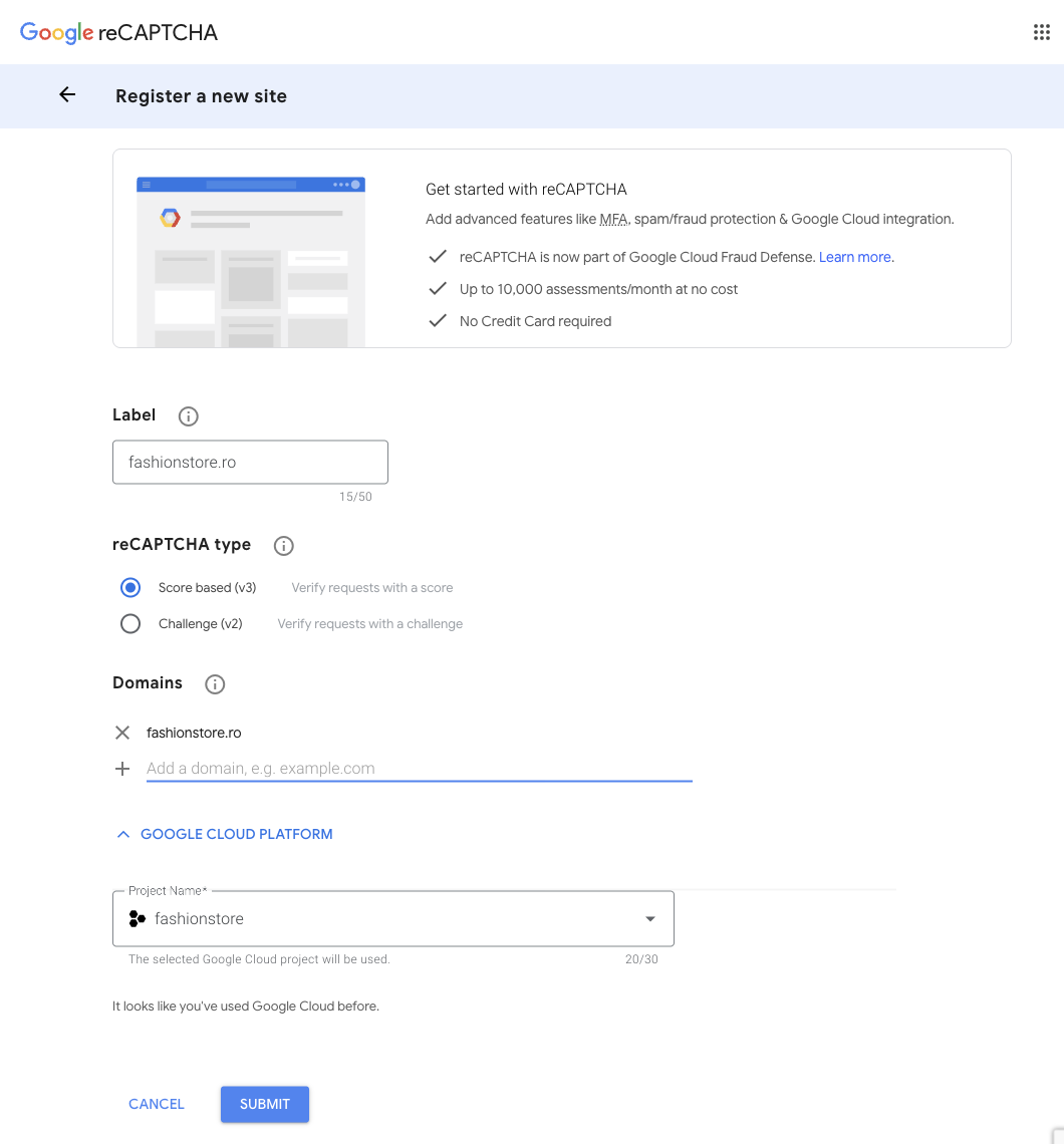 Formularul completat, cu Score based (v3) selectat