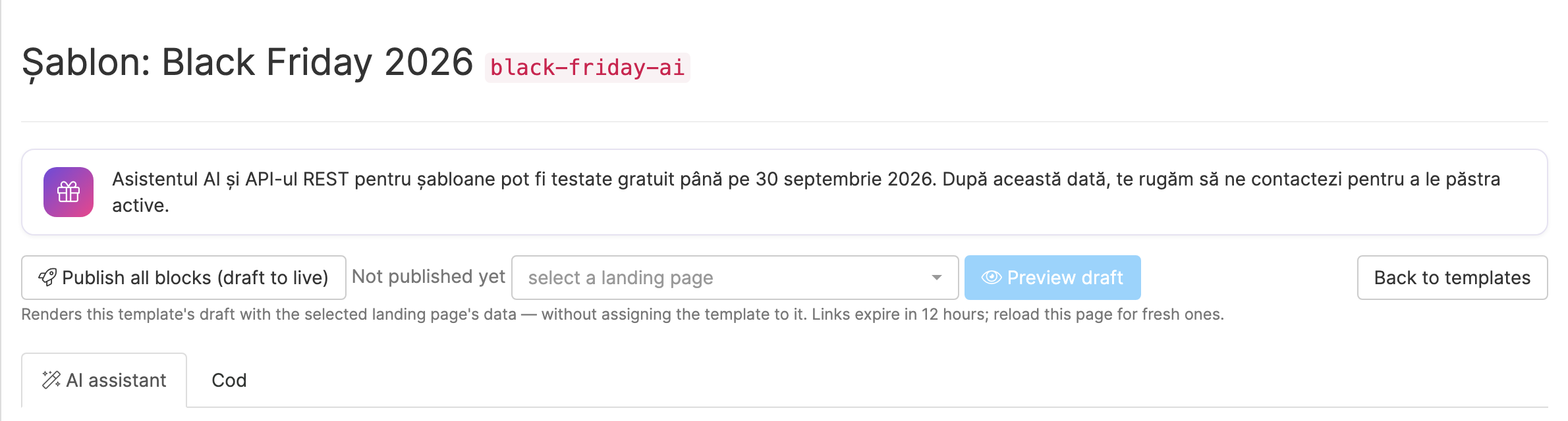 Pagina template-ului, cu tabul AI assistant