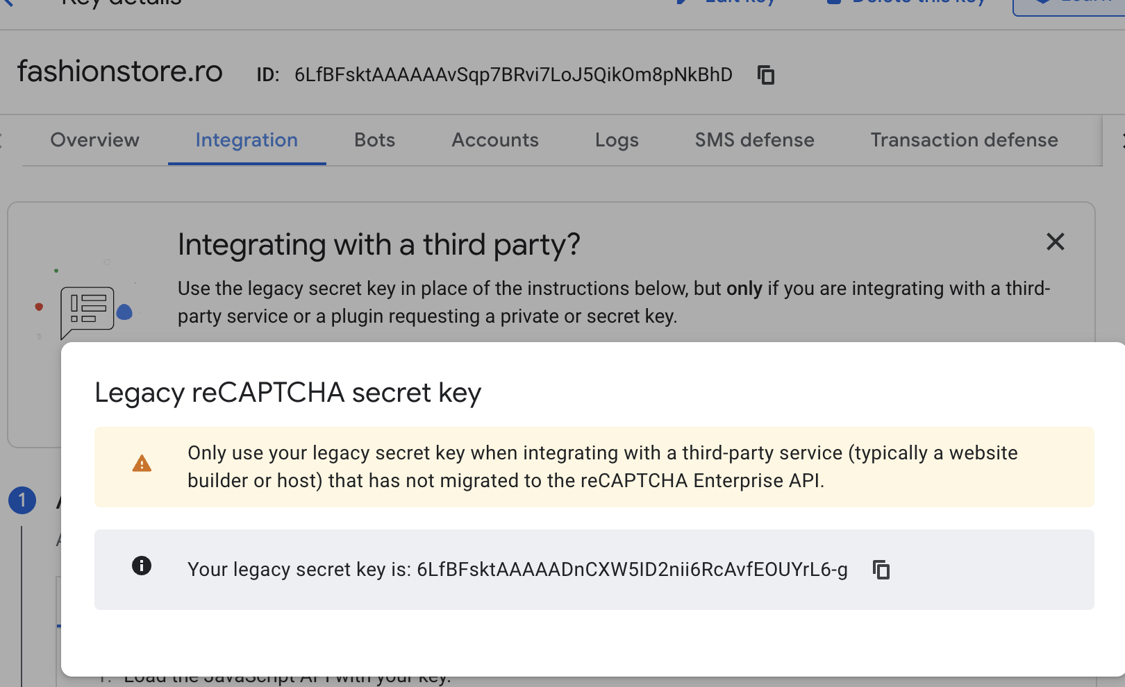 Cheia secreta legacy in Google Cloud console