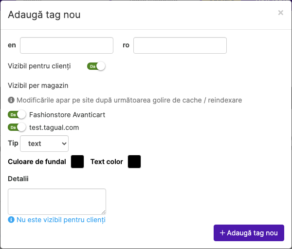 Comutatoarele Vizibil per magazin la adaugarea unui tag nou